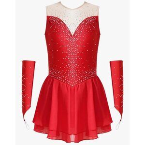 Red Rhinestone Sleeveless Ice Skating Dress With Sheer Neck & Matching Arm Cover